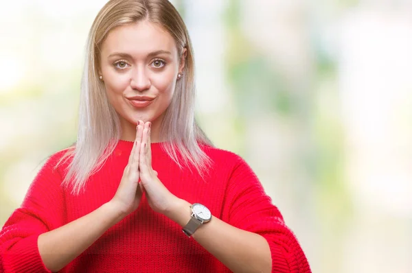 Giovane Donna Bionda Indossa Maglione Invernale Sfondo Isolato Pregando Con — Foto Stock