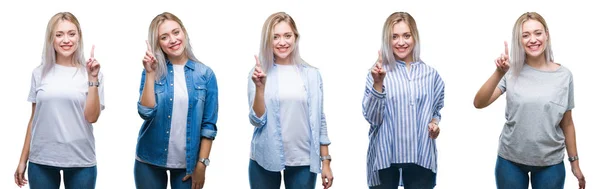 Collage Van Mooie Blonde Jonge Vrouw Geïsoleerde Achtergrond Tonen Omhoog — Stockfoto