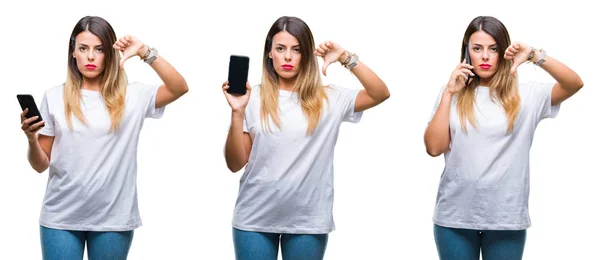 Collage Mujer Hermosa Joven Usando Teléfono Inteligente Sobre Fondo Aislado — Foto de Stock