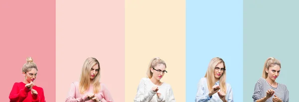Collage of young beautiful blonde woman over vivid colorful vintage isolated background disgusted expression, displeased and fearful doing disgust face because aversion reaction. With hands raised. Annoying concept.