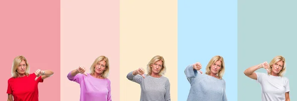 Collage Von Senioren Mittleren Alters Schöne Frau Über Bunte Streifen — Stockfoto