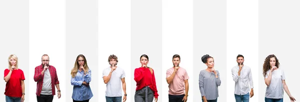 Collage Diferentes Etnias Jóvenes Sobre Rayas Blancas Fondo Aislado Pidiendo — Foto de Stock