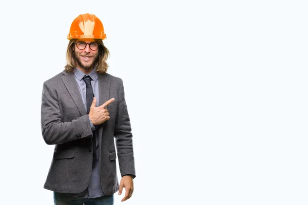 Young Handsome Architec Man Long Hair Wearing Safety Helmet Isolated — Stock Photo, Image