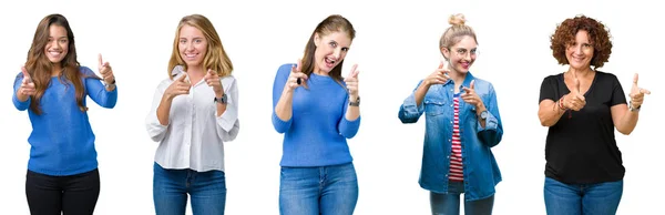 Colagem Grupo Mulheres Bonitas Sobre Fundo Isolado Branco Apontando Dedos — Fotografia de Stock