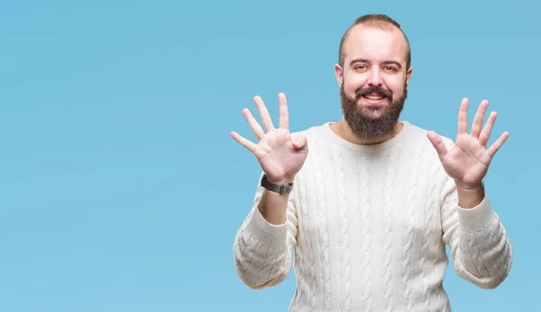 Giovane Uomo Hipster Caucasico Indossa Maglione Invernale Sfondo Isolato Mostrando — Foto Stock