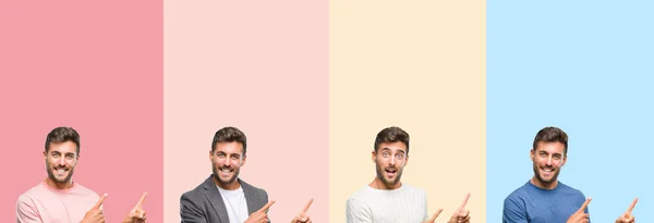 Collage Von Hübschen Jungen Mann Über Bunten Streifen Isolierten Hintergrund — Stockfoto