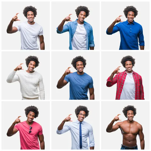 Collage Giovane Uomo Afroamericano Sfondo Isolato Sorridente Fiducioso Gesticolando Con — Foto Stock