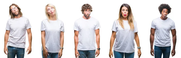 Collage Group People Wearing Casual White Shirt Isolated Background Making — Stock Photo, Image