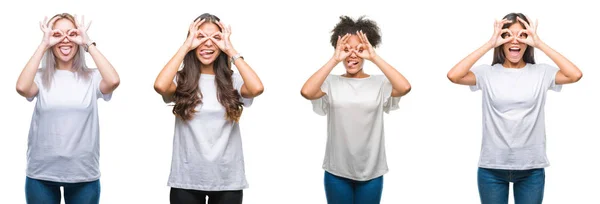 一群中国人 阿拉伯人 非洲裔美国妇女在孤立的背景下做确定的手势 如双筒望远镜伸出舌头 眼睛通过手指看 疯狂的表达 — 图库照片
