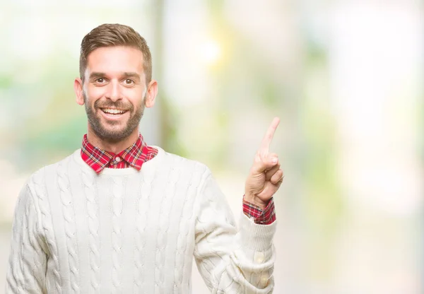 Jonge Knappe Man Winter Trui Dragen Geïsoleerde Achtergrond Met Een — Stockfoto