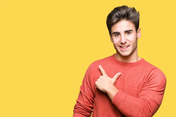 Young Handsome Man Isolated Background Cheerful Smile Face Pointing Hand — Stock Photo, Image