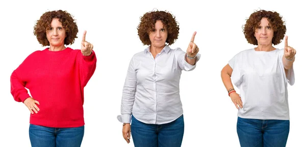 分離された白で中年年配の女性のコラージュを指と怒りの表現でポインティングを背景 — ストック写真