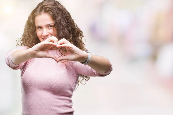 Schöne Brünette Lockige Haare Junges Mädchen Das Rosa Pullover Über — Stockfoto