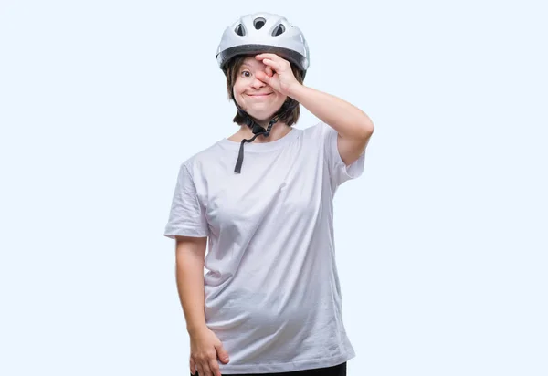 Jovem Mulher Ciclista Adulto Com Síndrome Usando Capacete Segurança Sobre — Fotografia de Stock