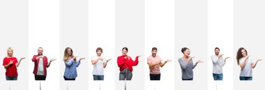 Kolaj farklı etnik genç insanların üzerinden hayran ve el ile sunulması ve parmak ile işaret ederken kameraya gülümseyen izole beyaz çizgili arka plan.