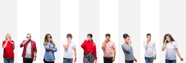 Kolaj farklı etnik gençlerin üzerine beyaz çizgili bir şey pis ve iğrenç kokulu izole arka plan, dayanılmaz koku, holding nefes burun parmaklar ile. Kötü kokuyor kavramı.