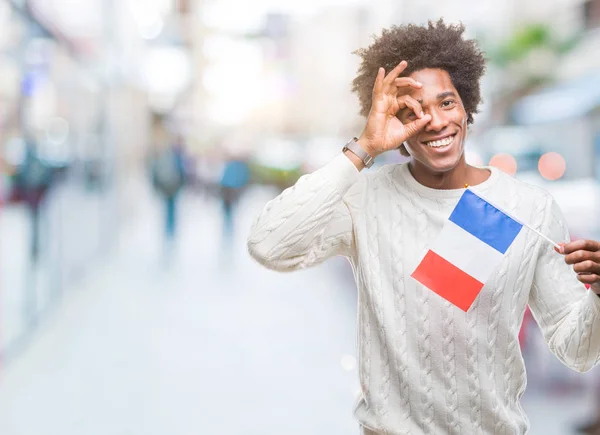 Bandera Hombre Afroamericano Francia Sobre Fondo Aislado Con Cara Feliz — Foto de Stock