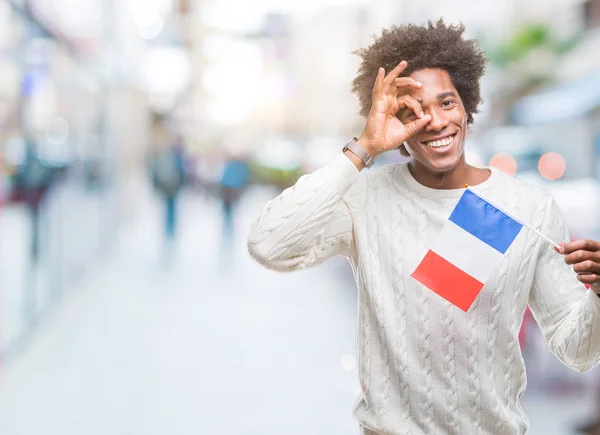 Afro Amerikansk Man Flagga Frankrike Över Isolerade Bakgrund Med Glada — Stockfoto