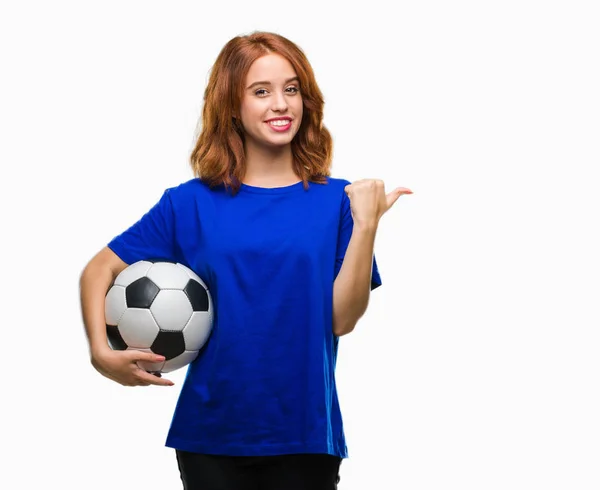 Young Beautiful Woman Isolated Background Holding Soccer Football Ball Pointing — Stock Photo, Image