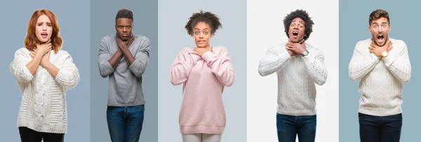 ヴィンテージ以上冬のセーターを着ているアフリカ系アメリカ人 ヒスパニックの人々 のグループのコラージュ叫びを背景し 窒息のため痛みを伴う首を絞め 健康上の問題 窒息させると自殺の概念 — ストック写真