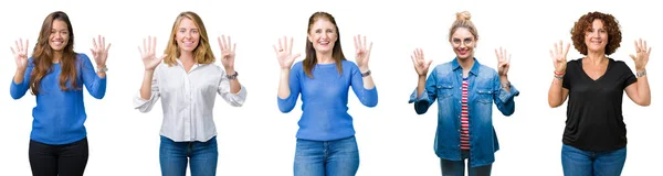 Коллаж Группы Красивых Женщин Белом Изолированном Фоне Показывая Показывая Пальцами — стоковое фото