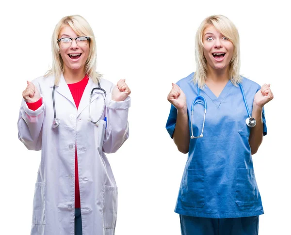 Colagem Médico Enfermeira Mulher Sobre Fundo Isolado Branco Comemorando Surpreso — Fotografia de Stock