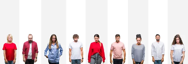 Collage Van Verschillende Etniciteit Jongeren Witte Strepen Geïsoleerde Achtergrond Depressief — Stockfoto