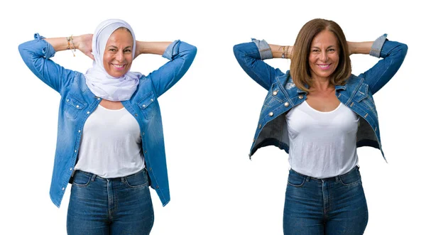 Collage Einer Schönen Arabischen Frau Mittleren Alters Vor Isoliertem Hintergrund — Stockfoto