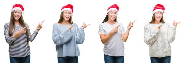 Genç Kız Giyen Noel Şapka Gülümseyen Iki Elleri Parmakları Ile — Stok fotoğraf