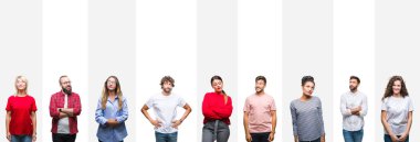 Farklı etnik genç insan görünümlü yan ve dik dik bakma uzağa düşünce gülümseyen beyaz çizgili izole arka plan üzerine kolaj.