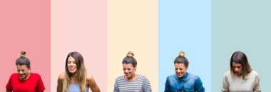 Renkli vintage genç güzel kadın kolaj çizgili yandan mide ile izole arka plan çünkü mide bulantısı, ağrılı hastalık hasta hissediyor. Ağrısı kavramı.