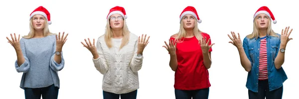 Collage Von Jungen Schönen Blonden Frau Mit Weihnachtsmütze Über Weißen — Stockfoto