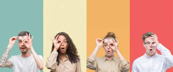 Collage Gruppo Persone Isolate Sfondo Colorato Facendo Gesto Scioccato Con — Foto Stock