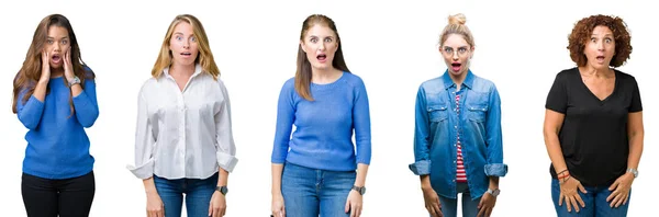 Collage Grupo Mujeres Hermosas Sobre Fondo Blanco Aislado Miedo Conmocionado — Foto de Stock