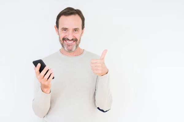 Senior Man Using Smartphone Isolated Background Happy Big Smile Doing — Stock Photo, Image