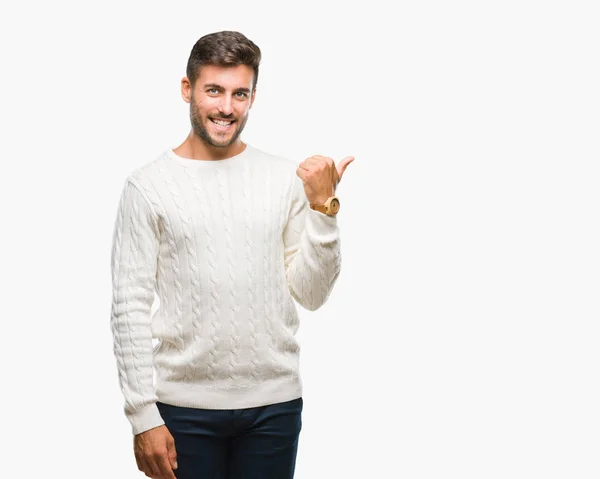 Jovem Homem Bonito Vestindo Camisola Inverno Sobre Fundo Isolado Sorrindo — Fotografia de Stock