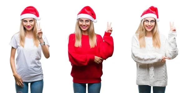 Collage Unga Vackra Blonda Kvinnan Bär Jul Hatt Över Isolerade — Stockfoto