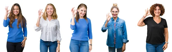 Collage Grupo Mujeres Hermosas Sobre Fondo Blanco Aislado Sonriendo Positiva —  Fotos de Stock