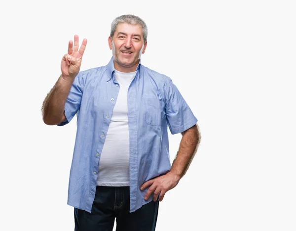 Handsome Senior Man Isolated Background Showing Pointing Fingers Number Three — Stock Photo, Image