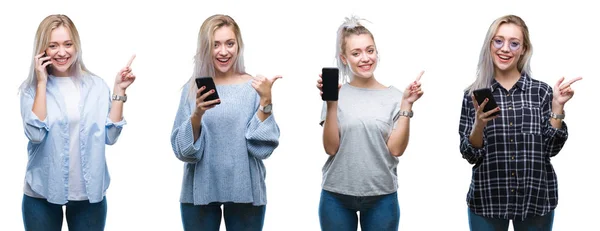 Collage Beautiful Blonde Young Woman Using Smartphone Isolated Background Very — Stock Photo, Image