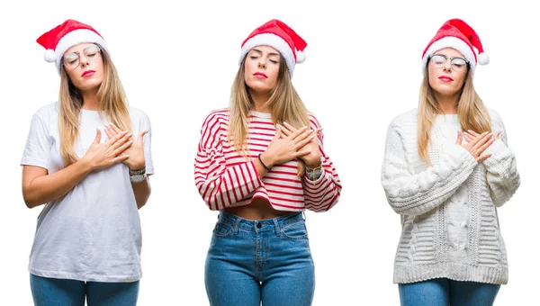 Collage Einer Jungen Schönen Frau Mit Weihnachtsmütze Vor Isoliertem Hintergrund — Stockfoto