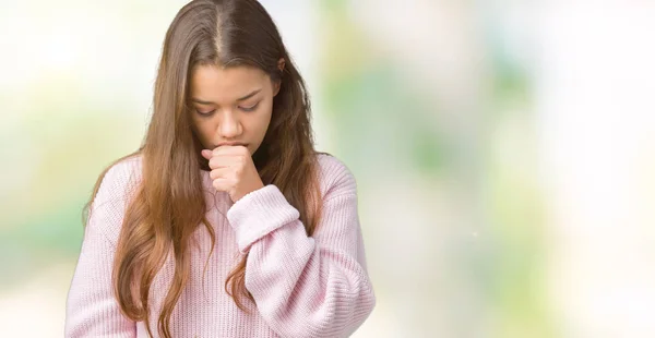 Jonge Mooie Brunette Vrouw Roze Winter Trui Dragen Geïsoleerde Achtergrond — Stockfoto