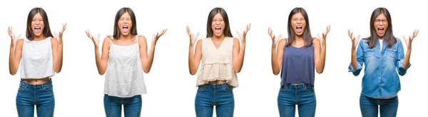 Collage Mujer Joven Asiática Pie Sobre Fondo Blanco Aislado Loco — Foto de Stock