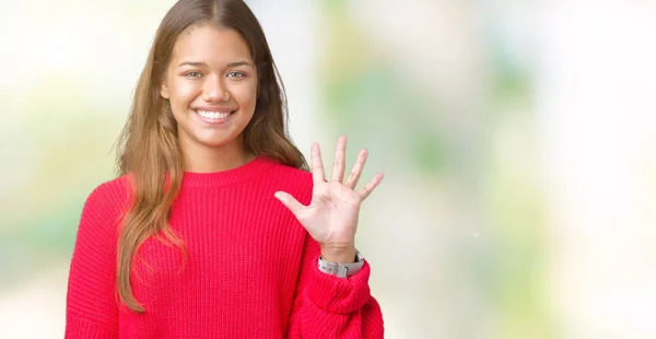 Młoda Piękna Kobieta Brunetka Sobie Sweter Zimowy Czerwony Białym Tle — Zdjęcie stockowe