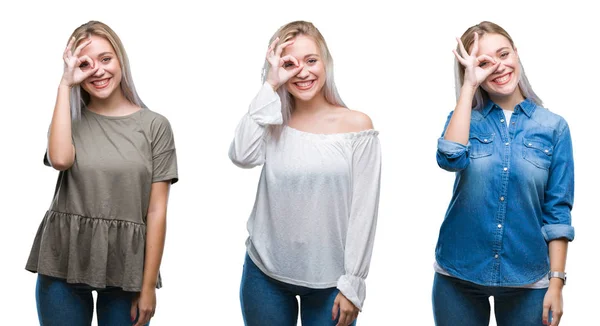 Collage Beautiful Blonde Young Woman Isolated Background Doing Gesture Hand — Stock Photo, Image