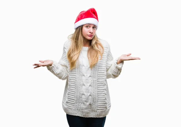 Νέοι Όμορφη Ξανθιά Γυναίκα Που Φοράει Καπέλο Χριστουγέννων Πάνω Απομονωμένες — Φωτογραφία Αρχείου
