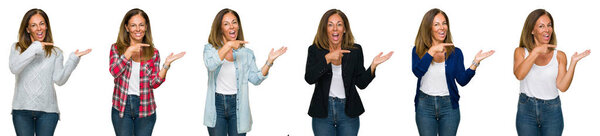 Collage of beautiful middle age woman over white isolated background amazed and smiling to the camera while presenting with hand and pointing with finger.