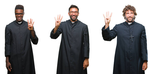 Collage of christian priest men over isolated background showing and pointing up with fingers number four while smiling confident and happy.