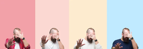 Colagem Jovem Com Barba Sobre Listras Coloridas Fundo Isolado Cobrindo — Fotografia de Stock