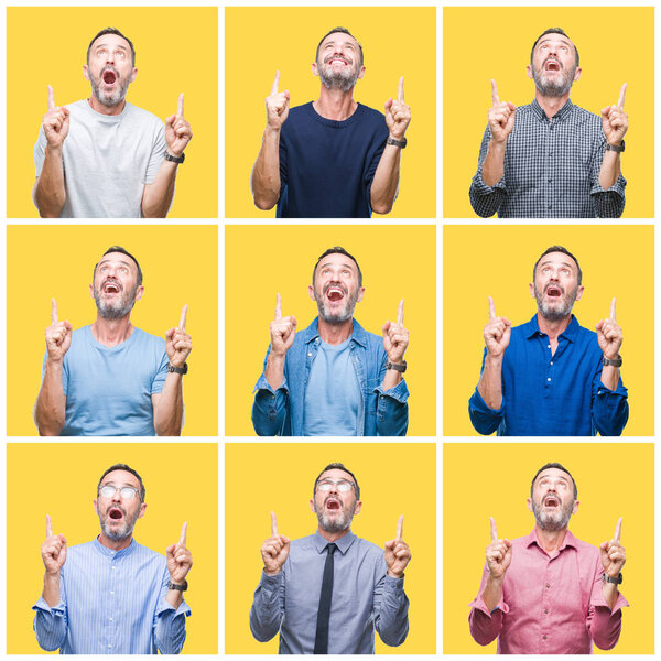 Collage of senior hoary elegant man over yellow isolated background amazed and surprised looking up and pointing with fingers and raised arms.